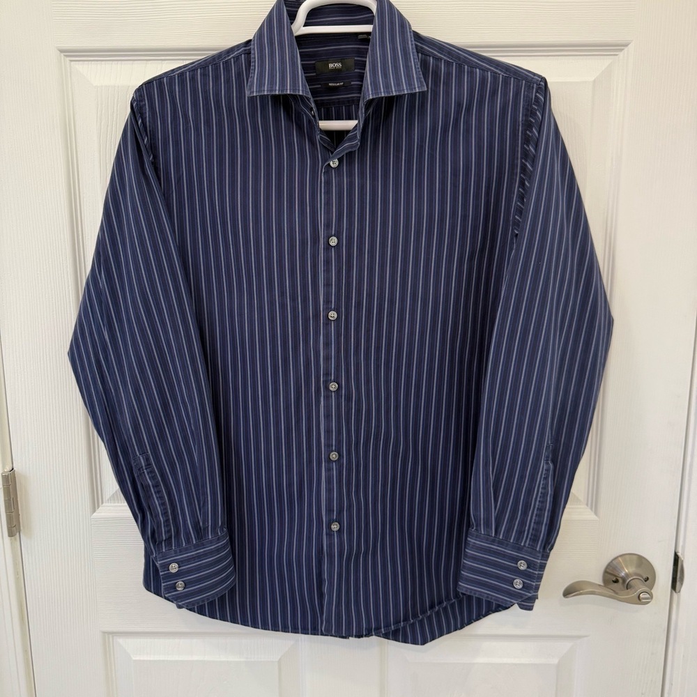 BOSS Hugo Boss Shirt Mens Large Dark Blue Stripe Dress Regular‎ Fit Button Down